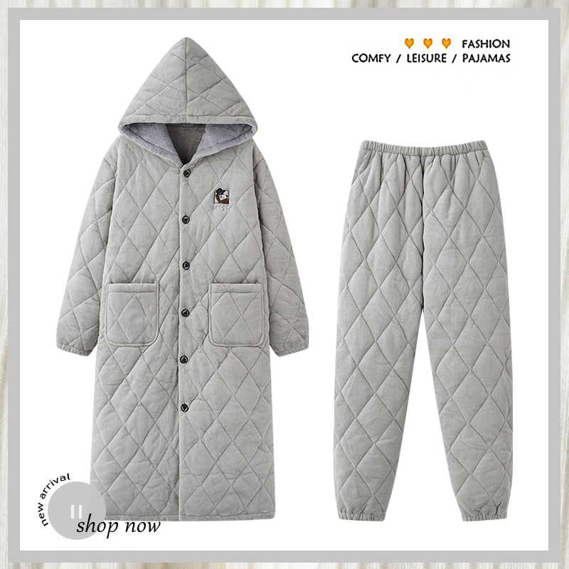 浪莎珊瑚绒睡袍男三层夹棉套装