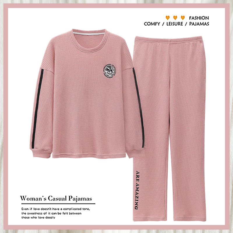 浪莎睡衣女纯棉长袖秋季华夫格圆领韩版休闲宽松可外穿家居服套装