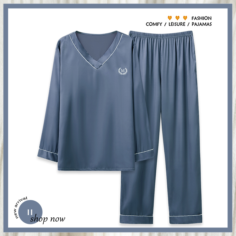 浪莎睡衣男秋季冰丝长袖大码套装