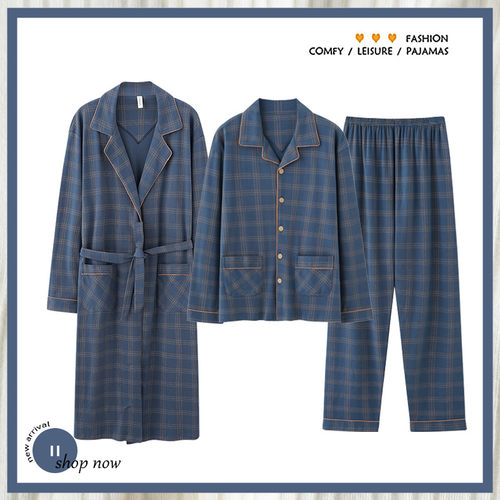 浪莎睡袍男士纯棉长袖浴袍三件套