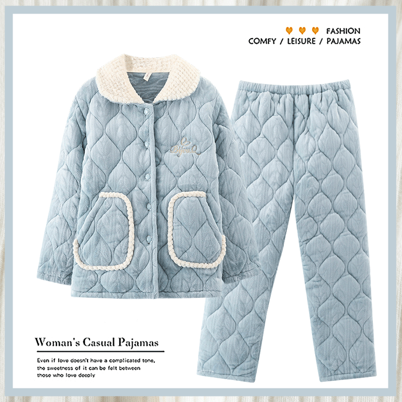 浪莎睡衣女珊瑚绒三层夹棉袄套装