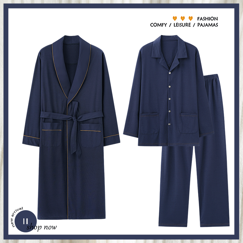 浪莎睡衣男士春秋薄款长袖莫代尔中长款睡袍男款休闲家居服三件套