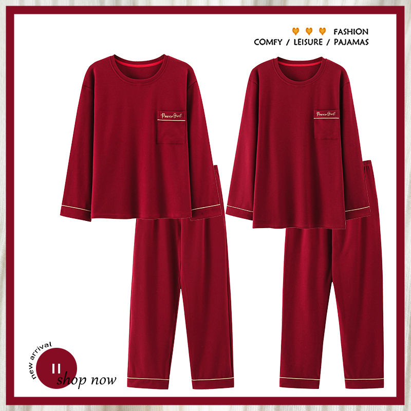 浪莎红色情侣睡衣纯棉长袖家居服