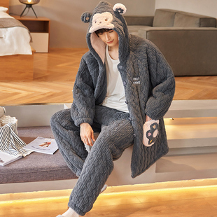 浪莎珊瑚绒男士睡衣冬季三层加厚夹棉中长款睡袍可外穿冬天家居服