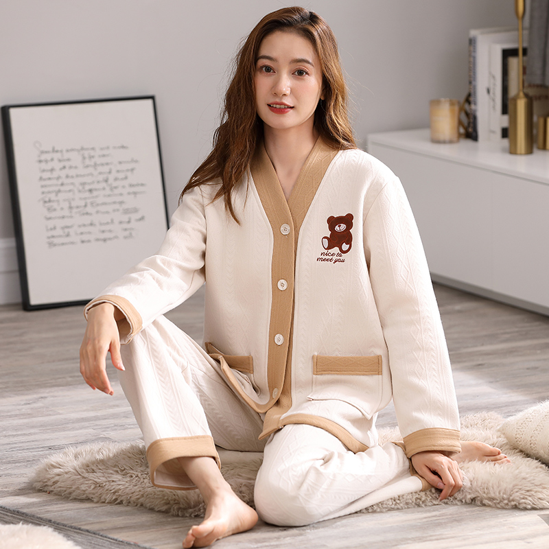 浪莎睡衣女秋冬纯棉夹层保暖套装