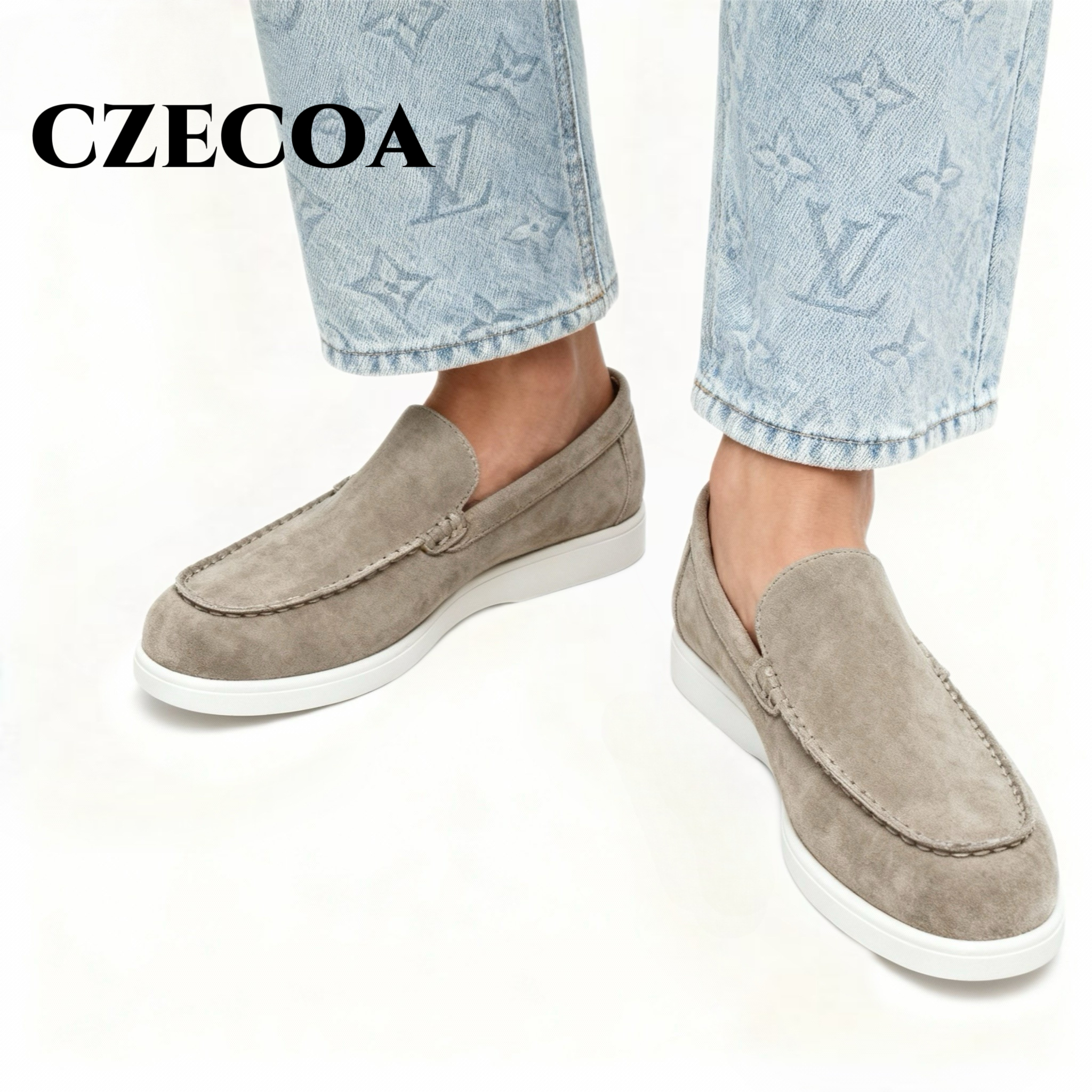 CZECOA英伦老钱风复古真皮磨砂乐福鞋懒人一脚蹬套脚反绒豆豆鞋