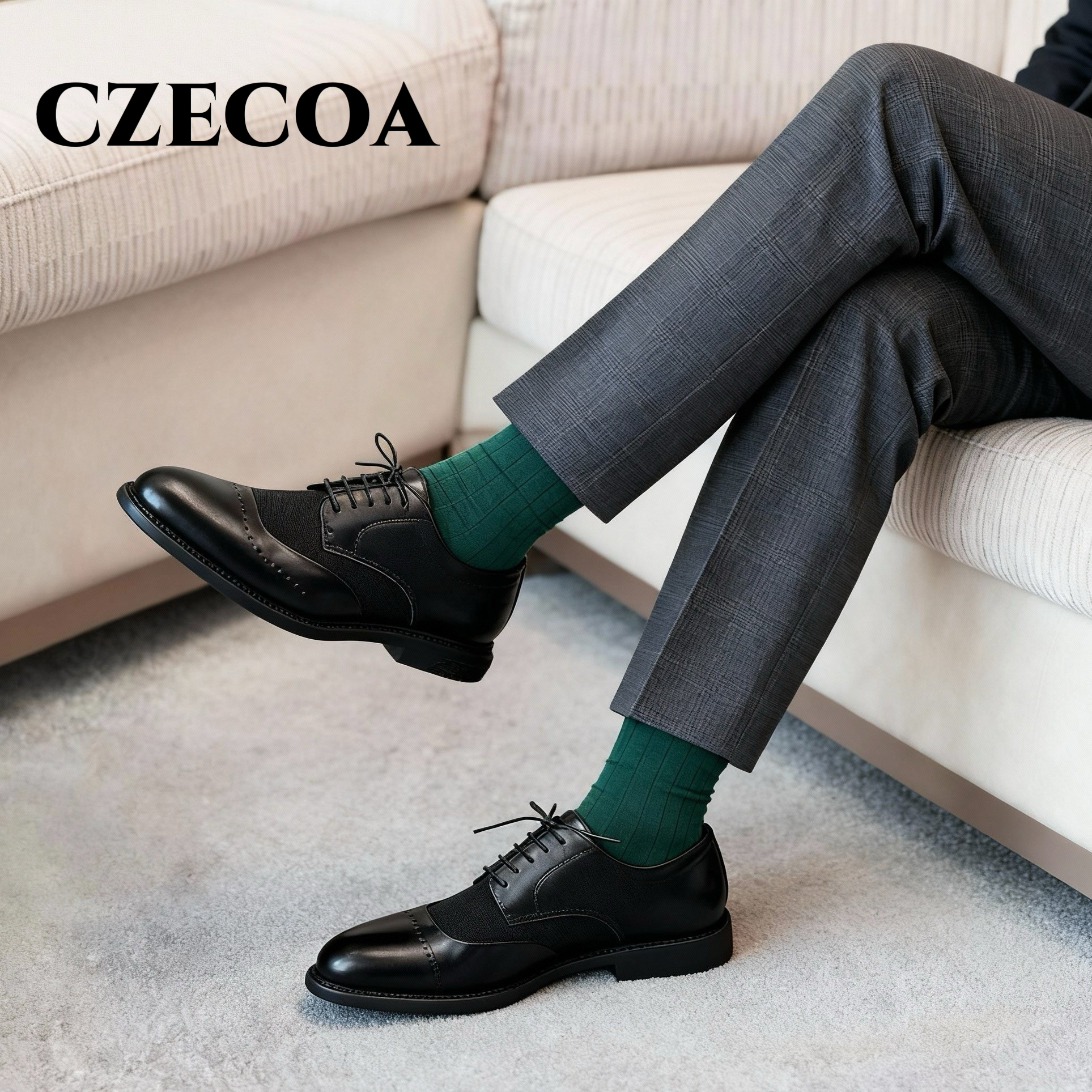 CZECOA男鞋商务休闲正装皮鞋真皮牛皮布洛克雕花鞋德比鞋新郎婚鞋