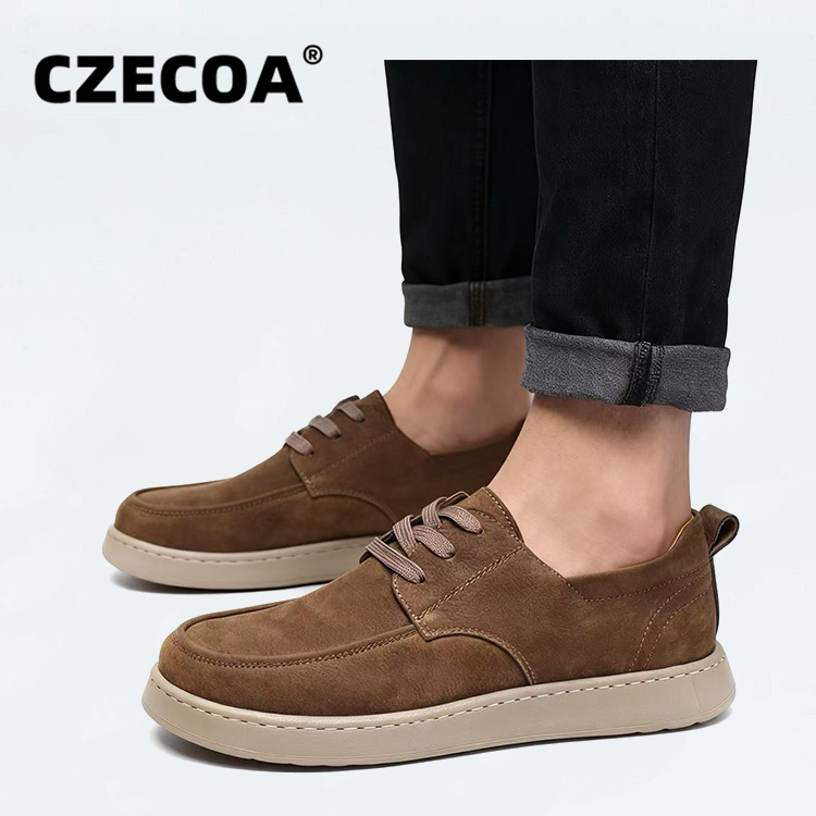 CZECOA男鞋头层牛皮工装鞋复古百搭真皮软底低帮板鞋厚底休闲鞋潮