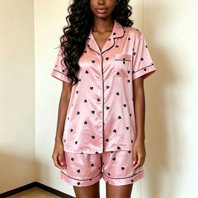 pyjamas跨境女款开衫短袖睡衣