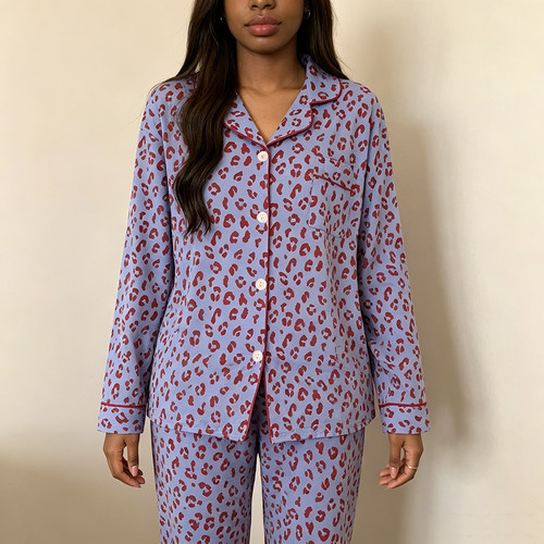跨境女款长袖开衫翻领长袖套装睡衣pyjamas
