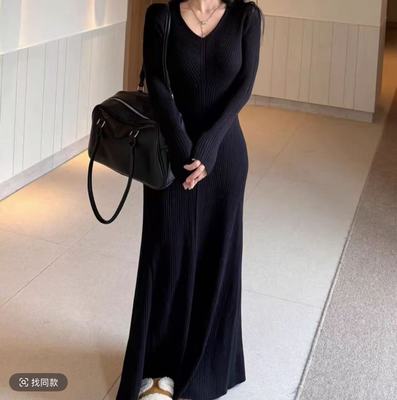【mq1322】v领针织连衣裙女秋冬修身气质内搭打底毛衣包臀鱼尾裙