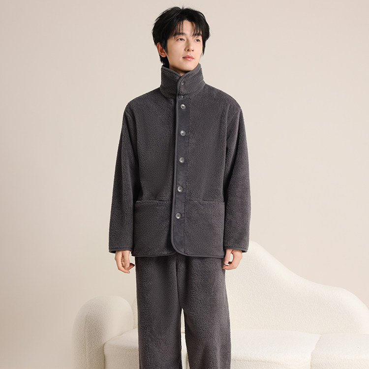 怡吾色情侣珊保暖绒立领睡衣男冬季加厚可外穿家居服套装