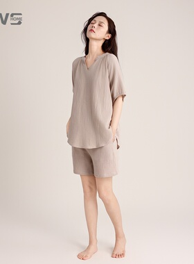 YWS HOME睡衣女全棉家居服透气吸汗轻盈双层纱短袖短裤家居服套装