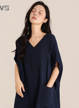YWS HOME睡衣女全棉透气吸汗法式V领家居服睡裙