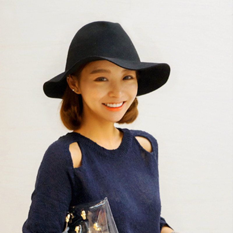 毛呢帽子女士英伦大檐复古圆顶大沿礼帽爵士帽黑色秋冬帽男韩版潮