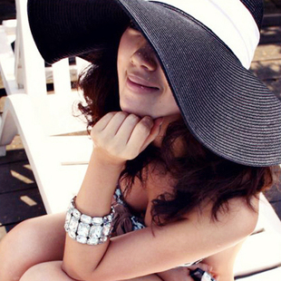 草帽女沙滩帽子夏天海边度假大檐防晒帽出游大沿遮阳太阳帽可折叠