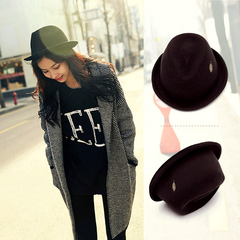 羊毛呢帽子女秋冬时尚韩版潮百搭复古卷边小礼帽英伦名媛爵士帽男