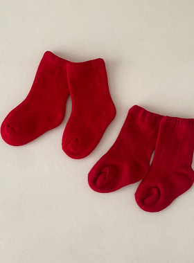 红色婴儿袜子新年喜庆满月周岁宝宝中筒袜秋冬儿童加厚保暖0到3月