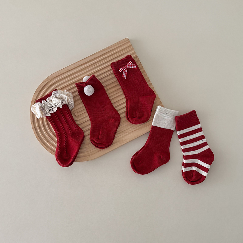 无骨婴儿袜子红色喜庆中筒袜
