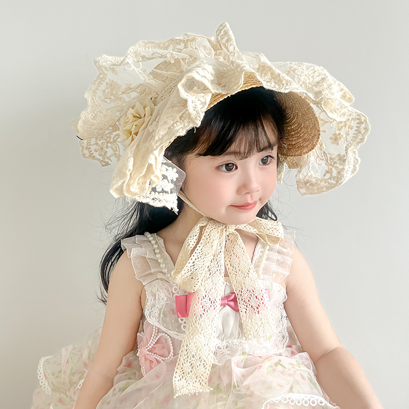 儿童防晒草帽春夏天薄款蕾丝花边宝宝帽子女童遮阳鸭舌帽户外出游