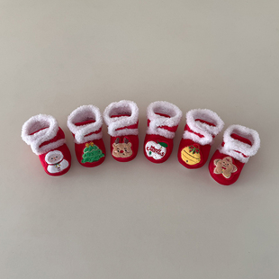 红色婴儿步前鞋毛绒卡通宝宝学步鞋软底学步袜满月百天周岁圣诞冬