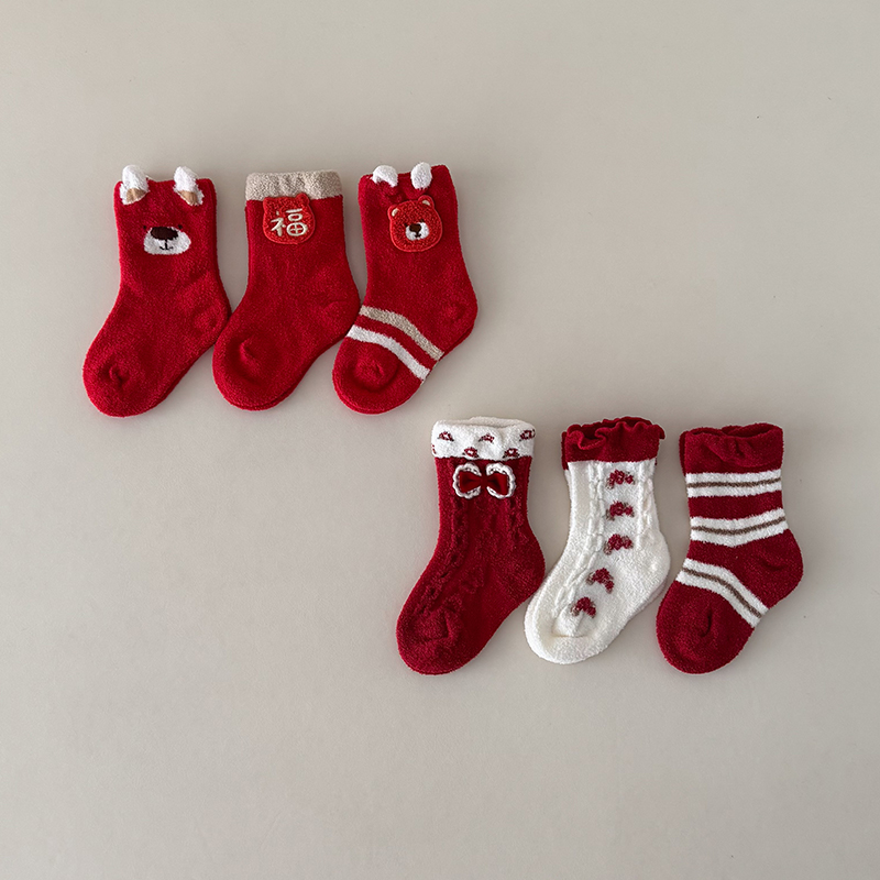 无骨宝宝红色袜子加厚毛绒保暖