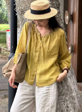 森系小清新钉珠V领七分袖衬衫女夏季单排扣亮片钉珠刺绣装饰上衣