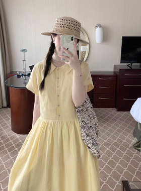 法式甜美风奶黄色Polo领收腰连衣裙女夏季小清新短袖气质中长裙