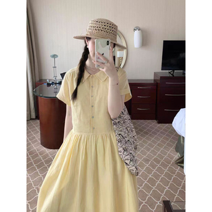 法式甜美风奶黄色Polo领收腰连衣裙女夏季小清新短袖气质中长裙