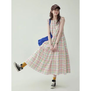 海边度假风多巴胺彩色格纹长款连衣裙女夏季新款甜美减龄时髦长裙