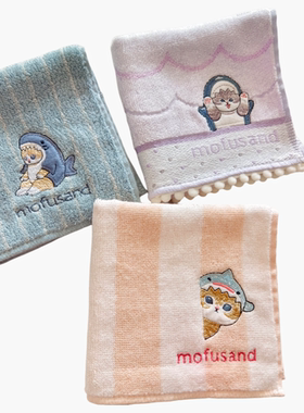 新款日本专柜同步mo猫fu出口源单纯棉刺绣方巾儿童成人毛巾手帕