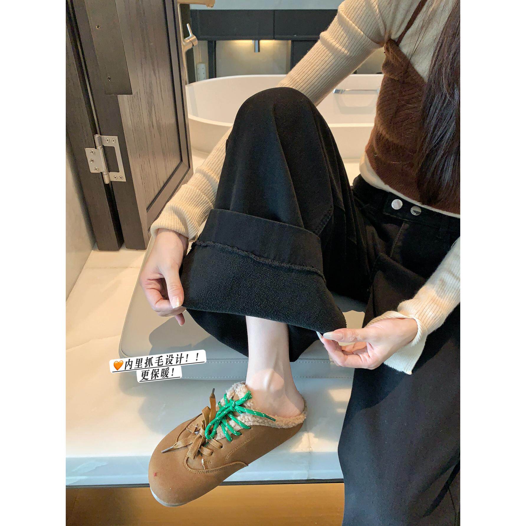 冬季加厚裤子抓绒保暖牛仔长裤女腰头纽扣设计感直筒阔腿拖地裤子