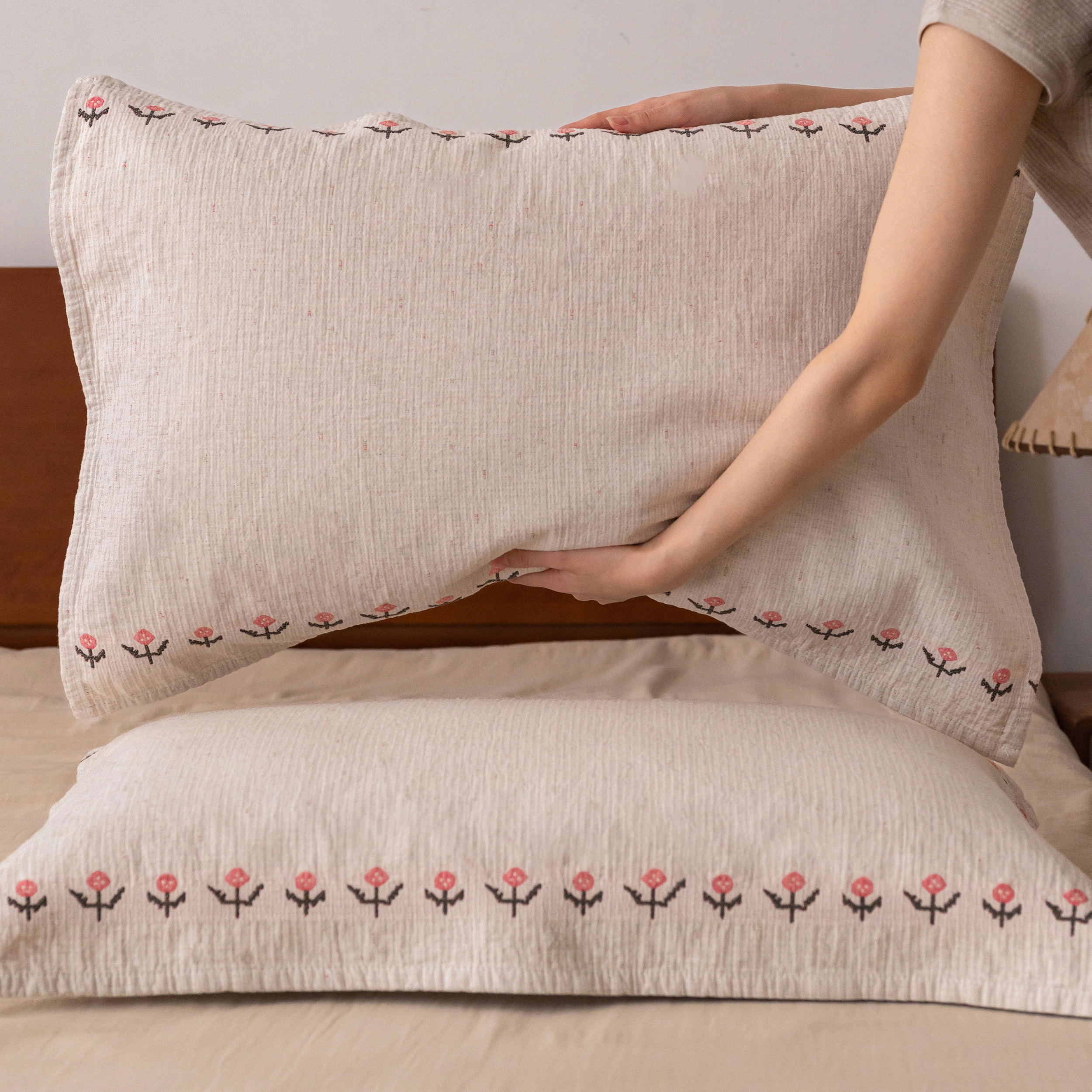 素樱花边棉麻纱布枕巾成人