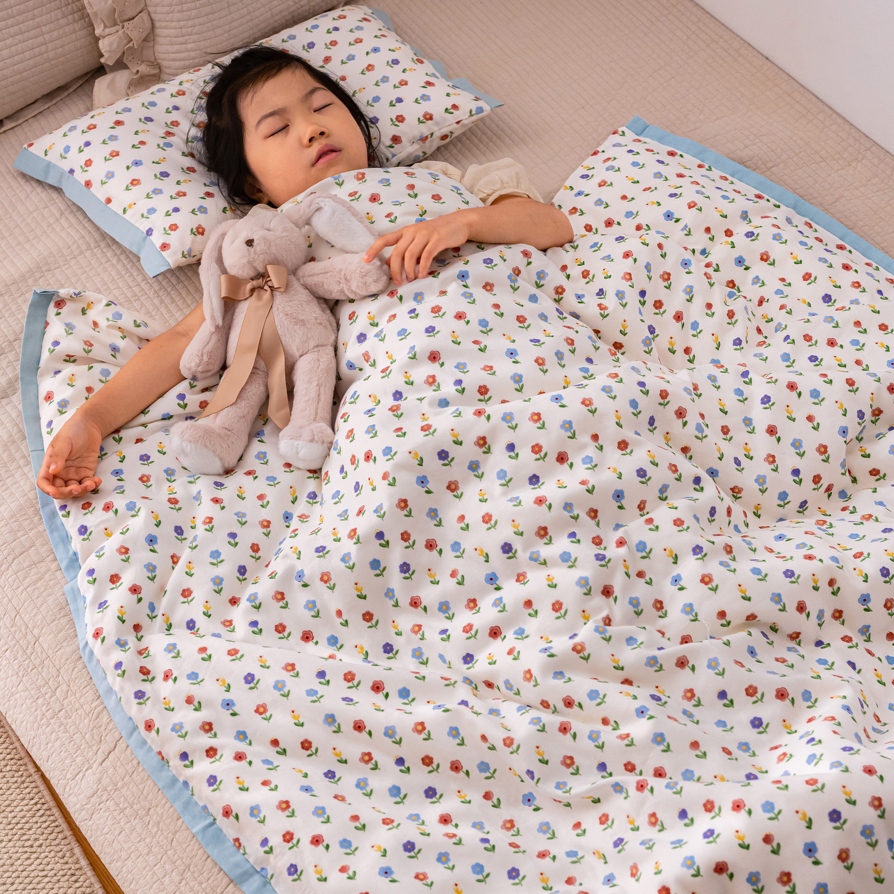 蓝边小花儿童全棉套装被罩枕套