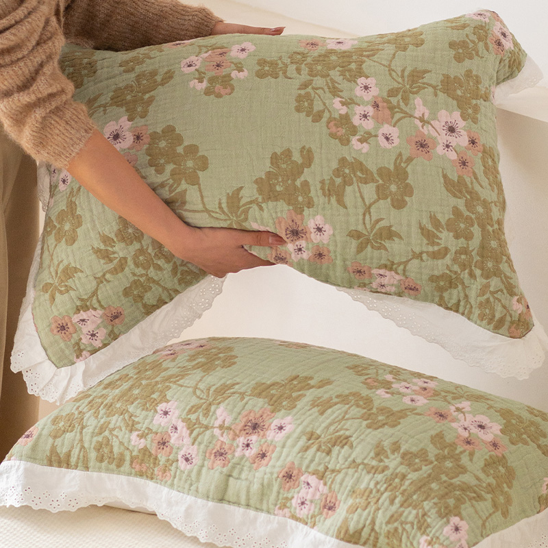 绿梅花边枕巾纯棉枕头巾单人一对