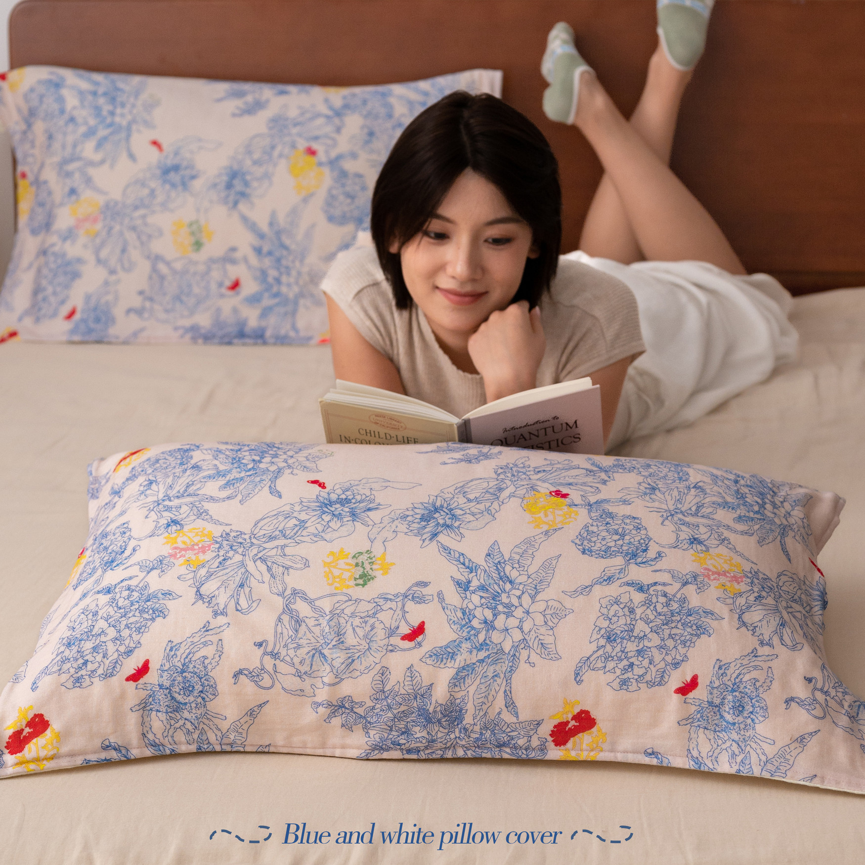 青花竹棉枕巾a类棉纱柔软亲肤