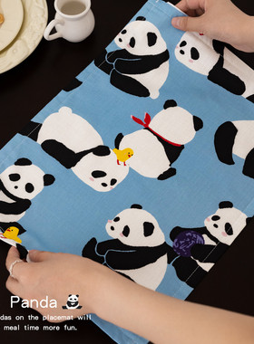 蓝色熊猫纯棉餐垫隔热垫防水防油餐垫布西餐餐垫家用厨房餐布小块