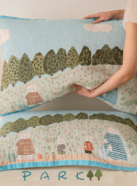 猫咪公园枕巾纯棉a类四层棉纱四季通用蓝色枕巾盖柔软小清新情侣