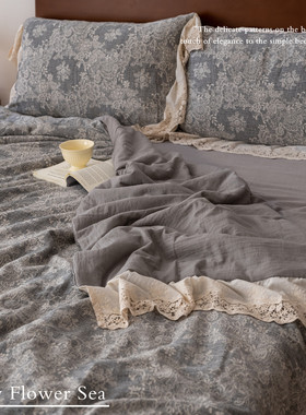 灰色花海亚麻棉被子薄款法式复古花边四季被双人透气吸汗盖被