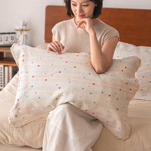 棉凉席彩色点点凉感枕巾纯棉a类纱布夏凉枕头巾老粗布防螨抗菌