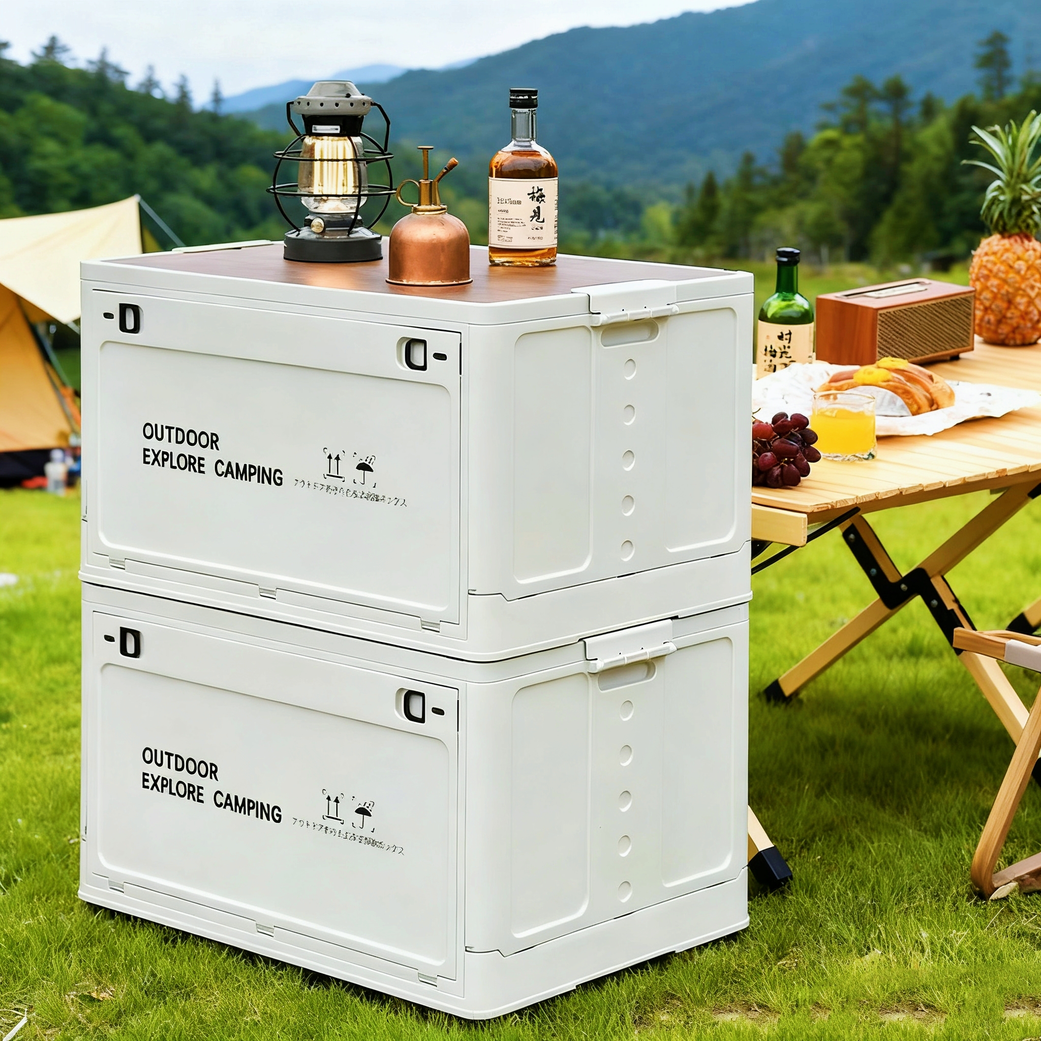 户外露营收纳箱车载后备箱折叠箱木盖野餐装备储物箱大容量整理箱