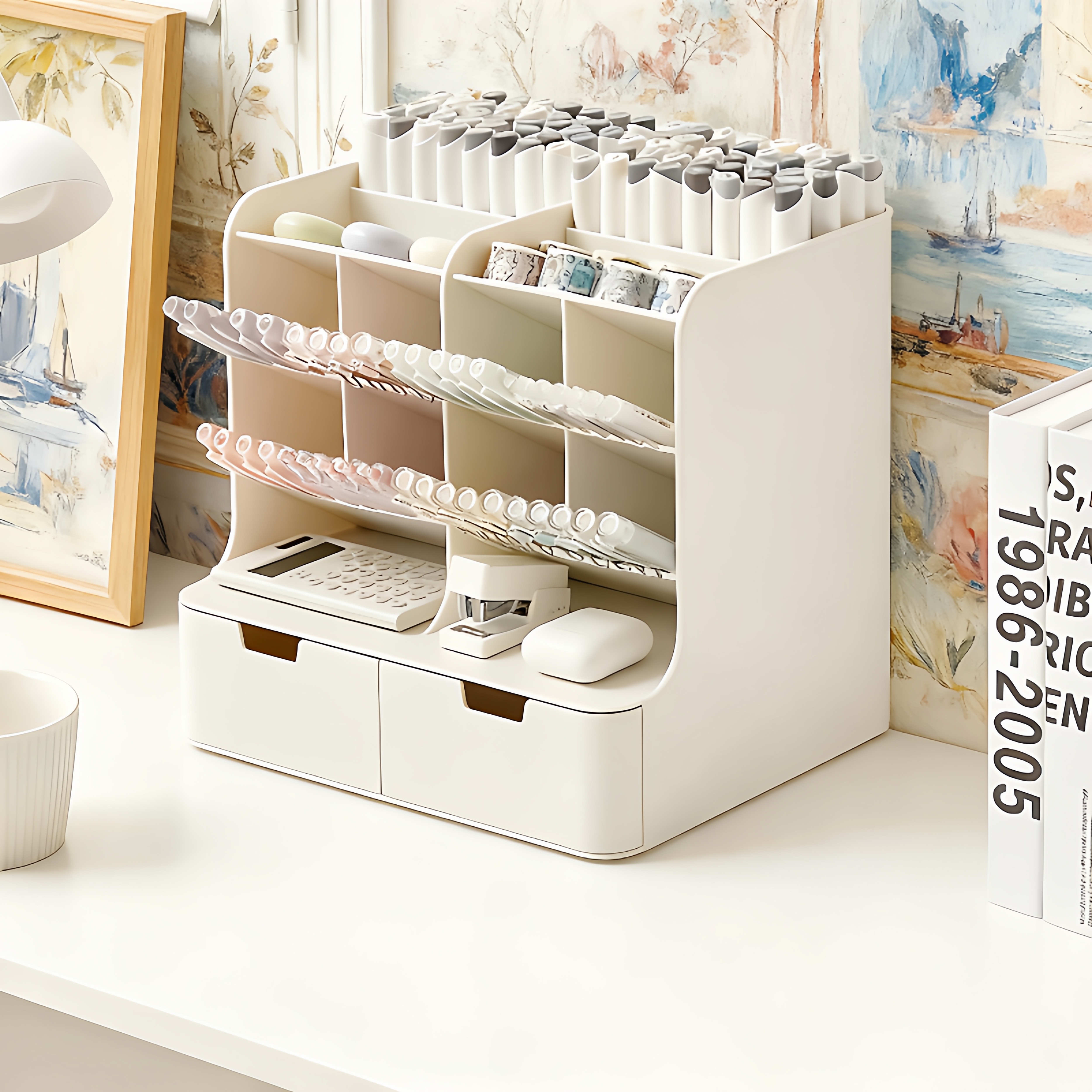 桌面收纳盒抽屉式美术生儿童文具整理盒马克笔画笔斜插笔筒置物架