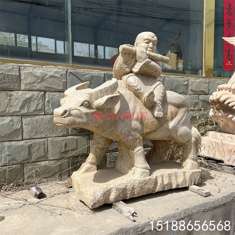 花岗岩石雕牧童骑黄牛放牛娃吹笛子雕塑水牛摆件公园小区园林雕像