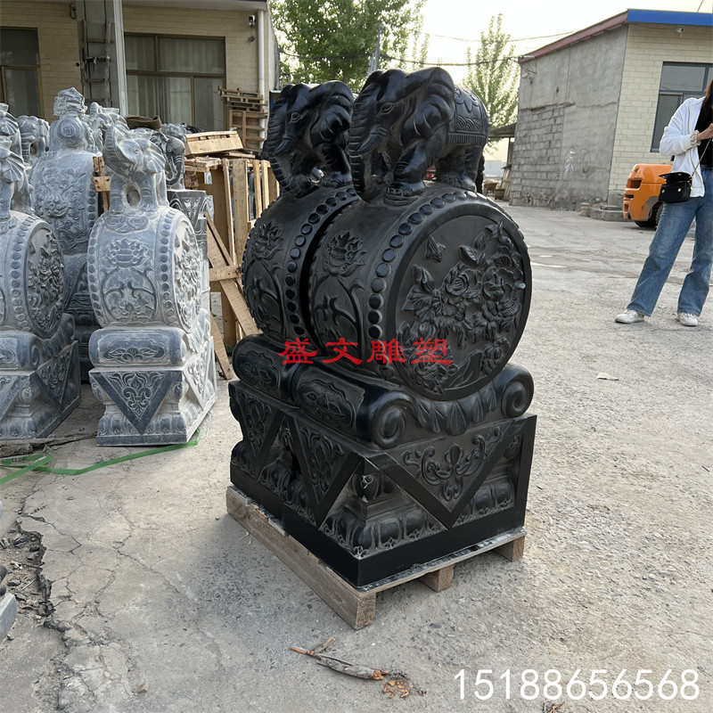 青石仿古石雕门墩抱鼓石一对家用古法做旧大象狮子貔貅石鼓镇宅