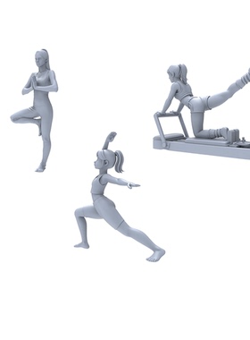 LYTR017 健身房场景微缩白模3件套瑜伽体式器械运动小人模型造景