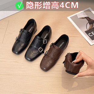 巨软款~英伦风布洛克加绒乐福鞋女内增高双扣带雕花软底小皮鞋女