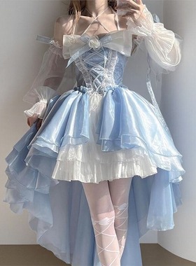 蓝色lolita连衣裙洋装设计前短后长花嫁重工大蝴蝶结拖尾公主裙子