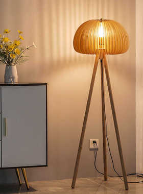 日式侘寂风客厅落地灯卧室床头复古创意茶室装饰北欧实木南瓜台灯