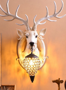 欧式招财鹿头壁灯鹿角动物灯客厅背景墙餐厅玄关水晶灯装饰灯具