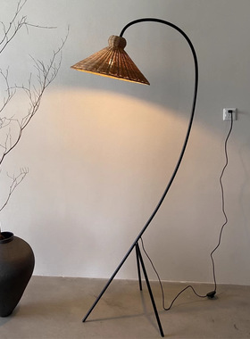 复古装饰极简日式侘寂风藤编钓鱼落地灯新中式复古装饰灯氛围灯具